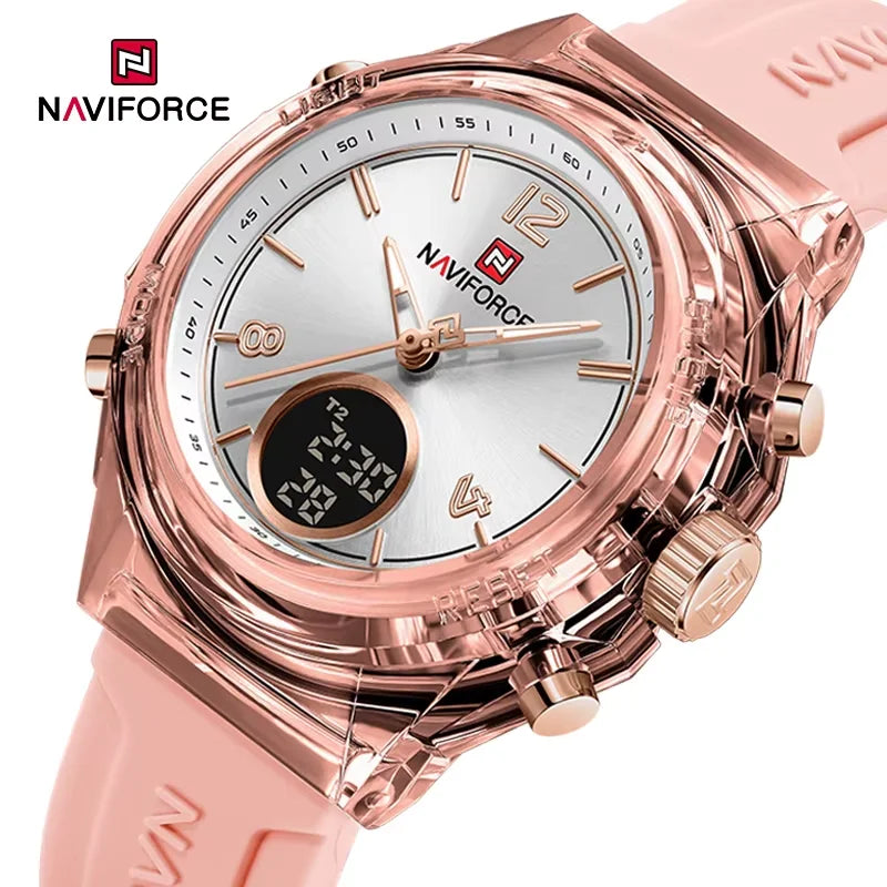 Relojes NAVIFORCE para mujer, nuevo diseño, esfera pequeña, deportivos, para mujer, resistente al agua hasta 5 ATM, reloj de pulsera de cuarzo con pantalla LCD digital, reloj para mujer