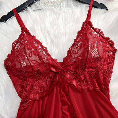 Lencería sexy roja transparente para mujer, ropa interior transparente, camisón de encaje y bragas, conjuntos de pijama, camisón sexy para mujer