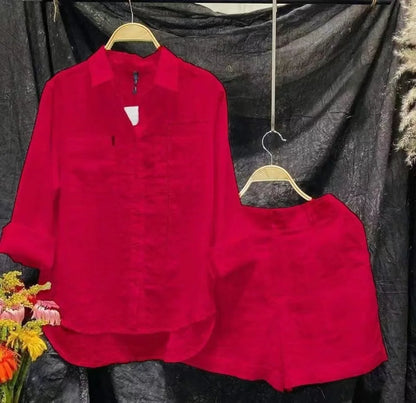 Conjunto informal de dos piezas de lino y algodón para mujer, moda de verano 2024, camisa de manga larga blanca y pantalones cortos, chándal de dos piezas