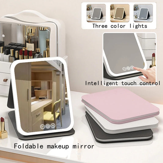 Foldable HD Makeup Mirror Intelligent Touch Control Adjustable Three Color Light LED Cosmetic Mirror Type-c Charging Two Size