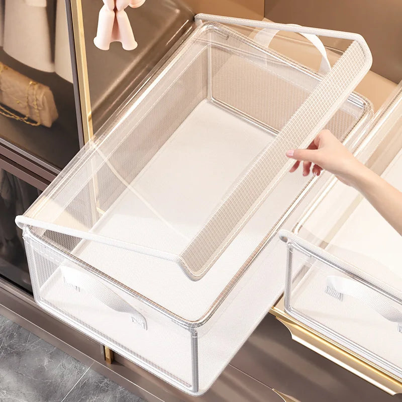 Cesta de almacenamiento transparente de PVC para ropa interior, caja de almacenamiento con marco de acero inoxidable, organizador de armario, caja de tela impermeable