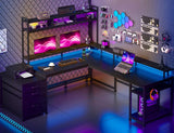 Escritorio para juegos en forma de L EnHomee con cajones, reversible, de 167 cm, para oficina en casa, con luz LED y tomas de corriente, color blanco.