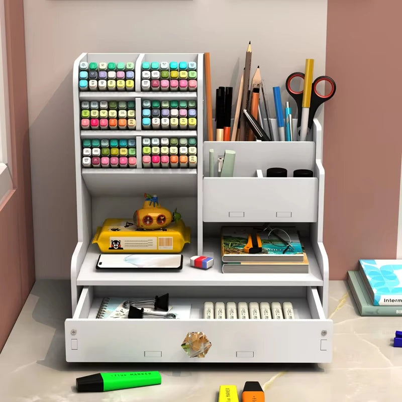 Mark Pen Pencil Holder Wooden Desk Organizers Shelves Accessories Desktop Stationery Organizer Bookshelf Home Office Storage Box