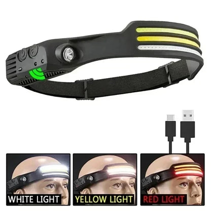 Linterna frontal de inducción LED recargable por USB, batería incorporada, 5 modos de iluminación, para acampar al aire libre y pescar.