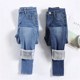 Women's Thermal Jeans Winter Snow Warm Plush Stretch Jeans Lady Skinny Thick Fleece Denim Long Pants Retro Blue Pencil Trousers