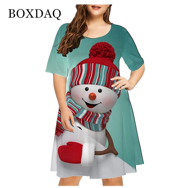 Vestido rojo holgado con estampado navideño para mujer, Navidad, muñeco de nieve, copo de nieve, alce, manga corta, talla grande, divertido, bonito, a la moda, 6XL 