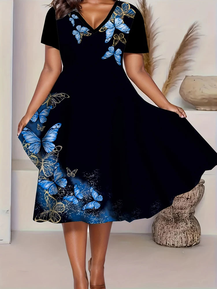 Plus size 2025 vestidos casuais femininos manga curta plus size vestido de verão com bolsos decote em v vestidos maxi swing