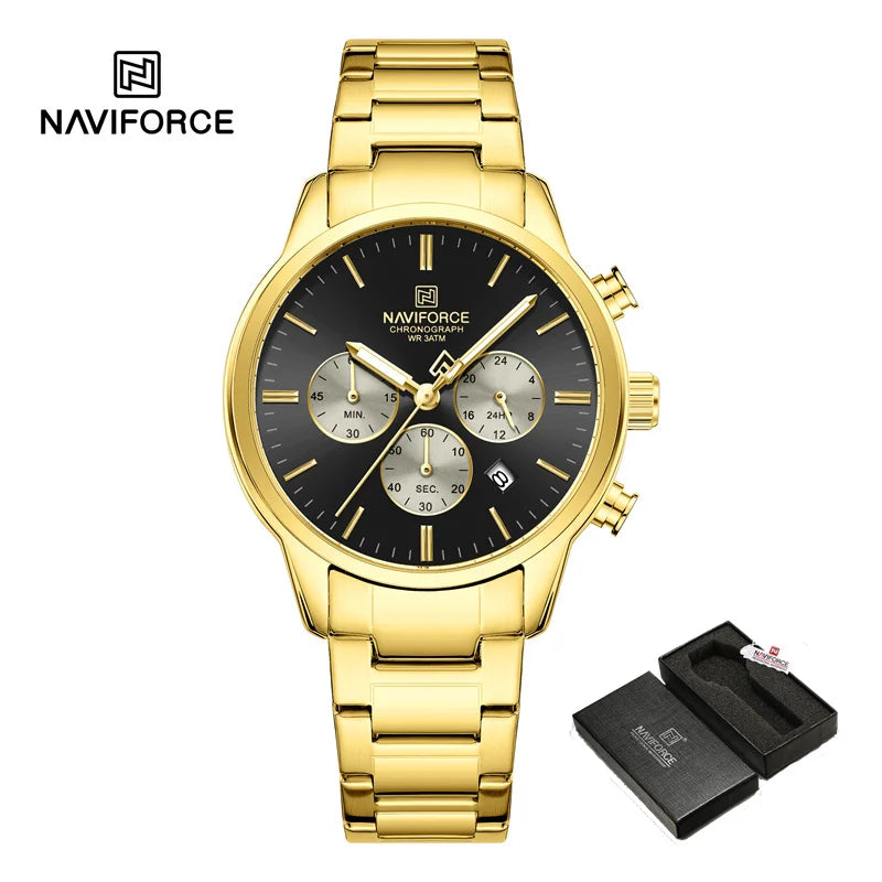 NAVIFORCE NF8076 Sports Watches for Men Stainless Steel Strap Quartz 3ATM Waterproof Shockproof New Fashionable Watch