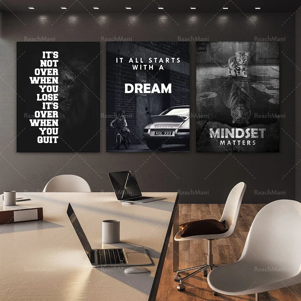 3x Inspirational Wall Art Canvas Prints Office Decoration 3 Pieces Bundled Mentality Matters / Everything Starts With a Dream PO