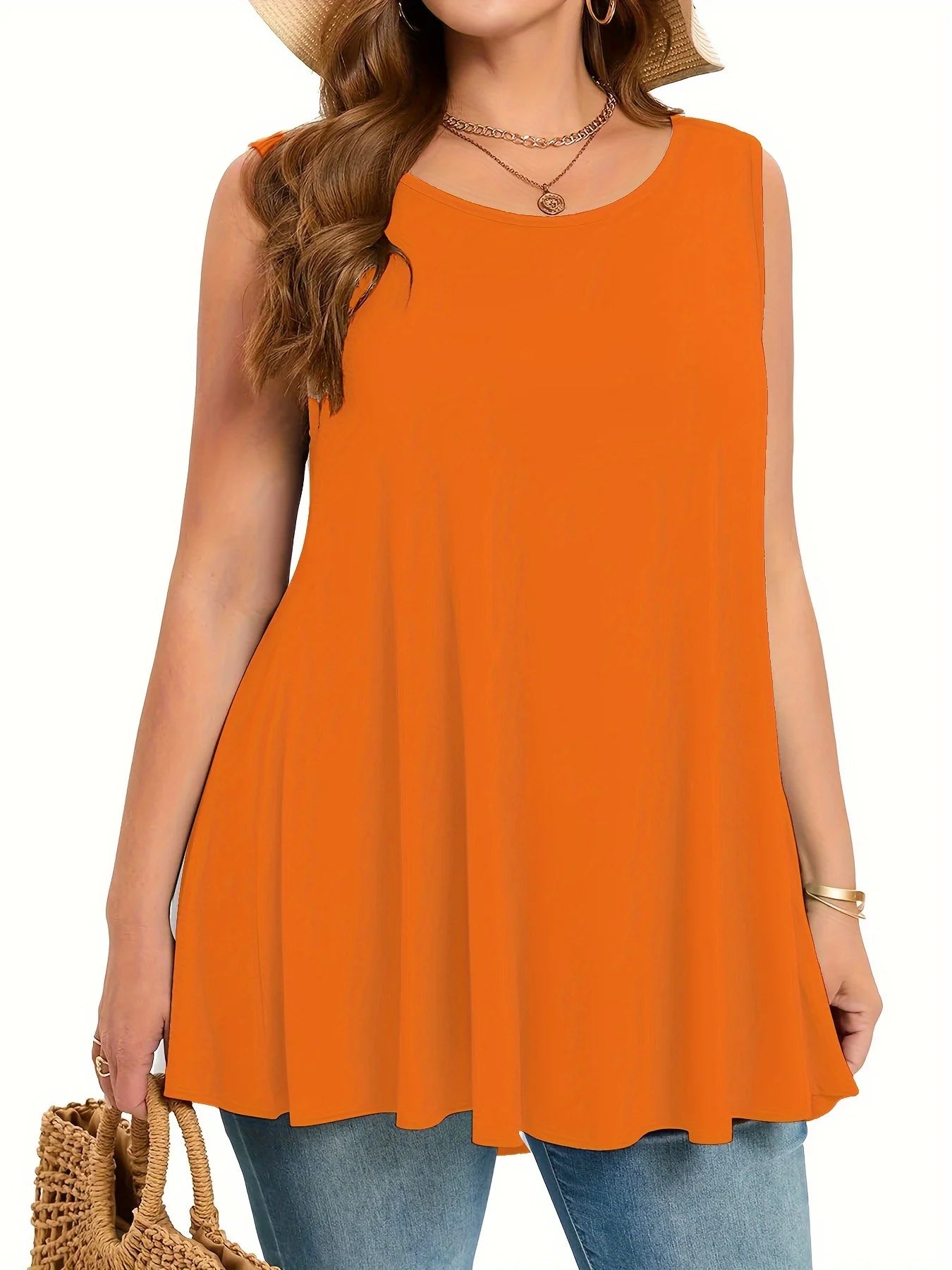 Plus size simples sólido regata casual tripulação pescoço sem mangas regata para o verão roupas femininas plus size