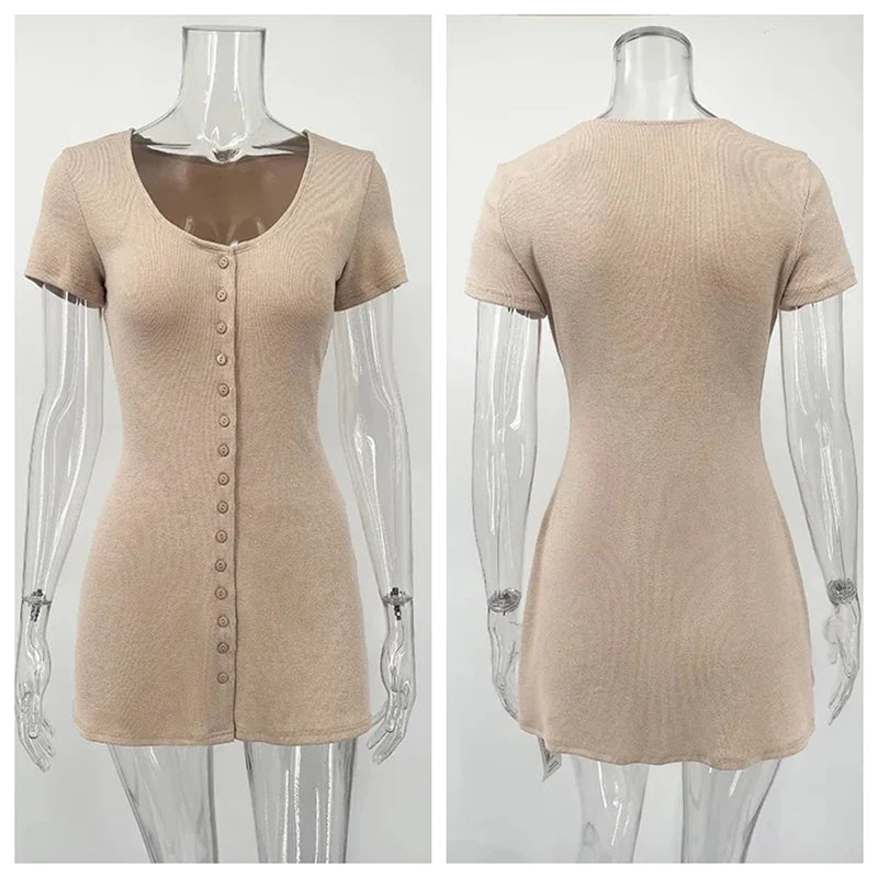 Tornova Knitted Mini Dress Female V Neck Buttons Elegant Short Sleeve Dress High Elasticity Casual Women's Dress 2026 Summer New