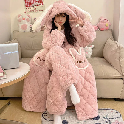 Plus Size Cartoon Coral Fleece Nightgown Pants Two Piece Sets for Women Winter Flannel Thicken Kawaii Bunny Hooded Pajamas Suit