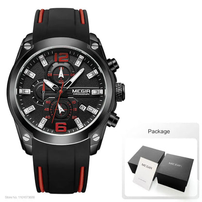Reloj Megir de cuarzo analógico con cronógrafo para hombre, fecha, manecillas luminosas y correa de silicona resistente al agua.