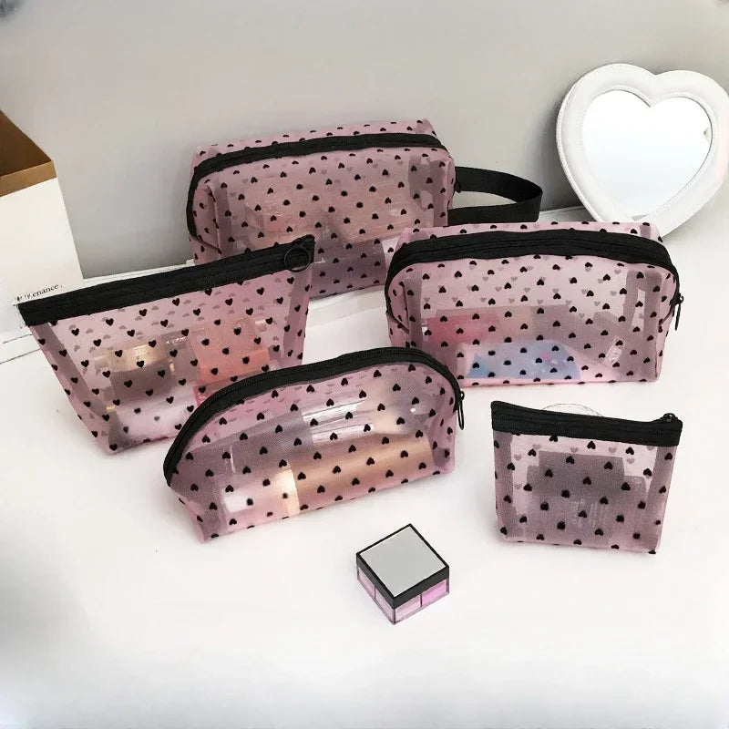 Heart-Shaped Nylon Mesh Cosmetic Bag Portable Toiletry Organizer for Women Makeup Storage