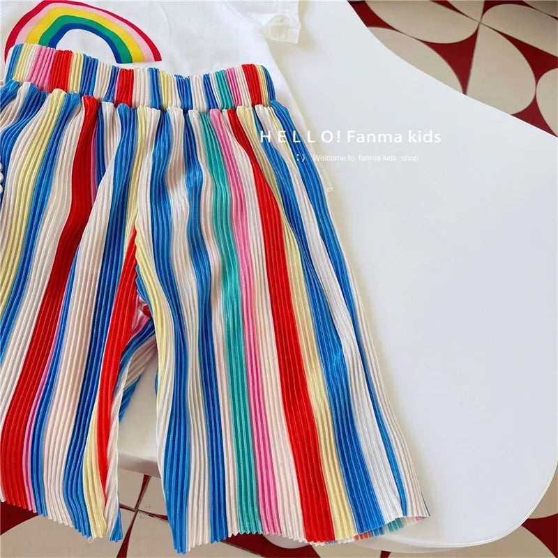 Baby Girls Tops Sets Kids Short-Sleeved Top Striped Trousers 2 Pieces Summer Rainbow Suit New Children's Fashion Casual Outfit