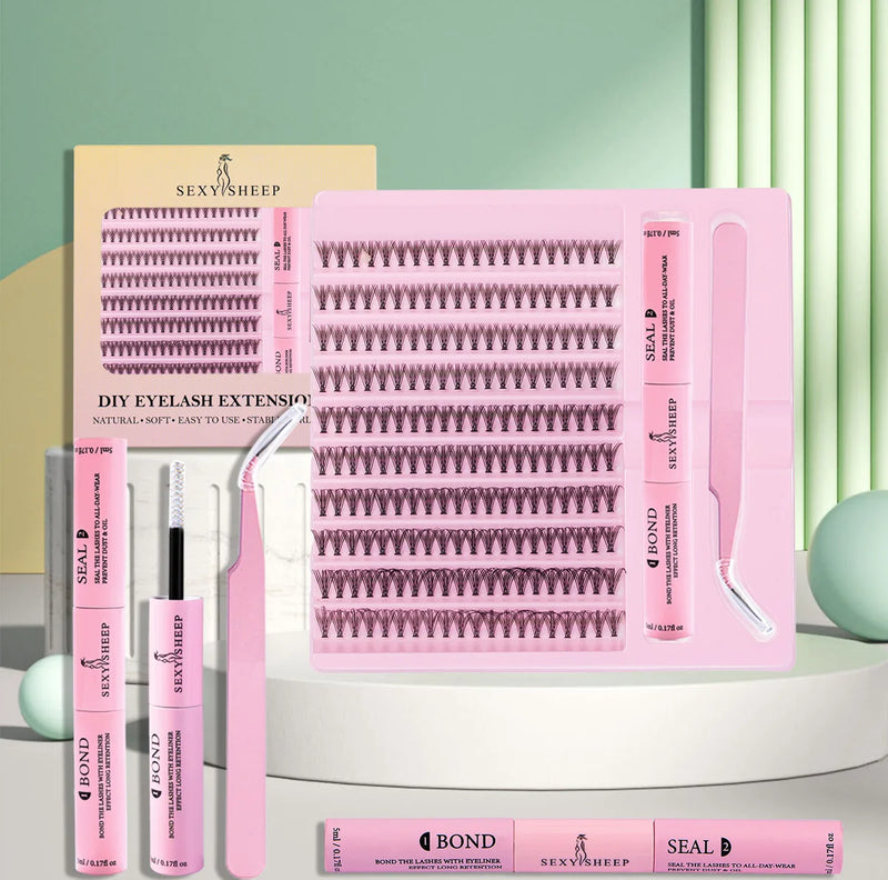 Kit de extensão de cílios diy, 200 peças, cluster de cílios com pinça com ligação e vedação de cílios, cola e aplicador de cílios, ferramenta de maquiagem