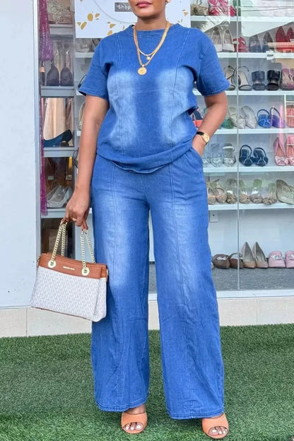 Women Pant Set Two Piece Sets Denim Round Neck Short Sleeve Tops Casual Loose Wide Leg Long Pants High Waist Y2k Streetwear