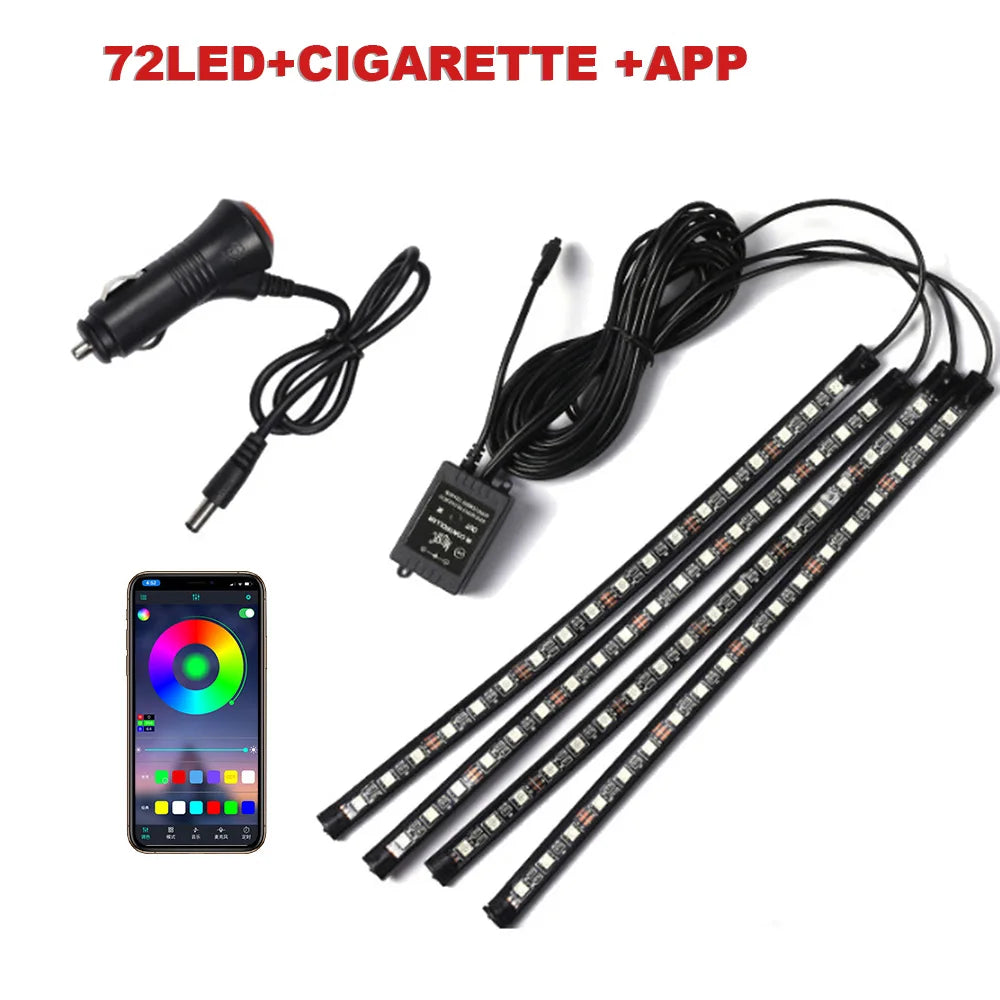 72/48/36 LED RGB Car Foot Ambient Light with USB Cigarette Automotive Interior Lights Strip Decoration Bar Remote/Voice Control