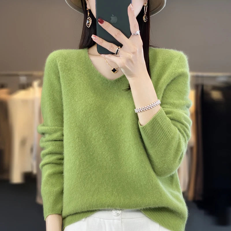 Suéter básico de otoño-invierno 2024 para mujer, 100 % lana merino, cuello en V, tejido de punto liso, jersey de oficina para mujer, manga larga, cachemir.
