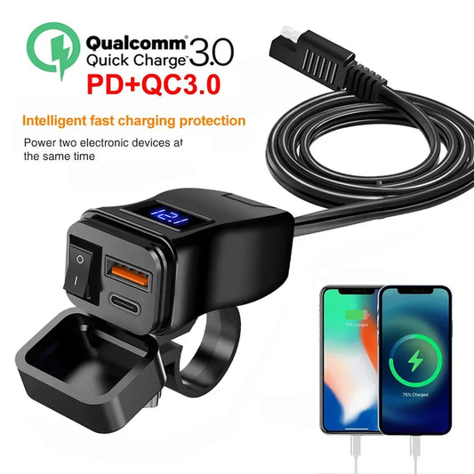 Pd duplo qc3.0 carregamento rápido carregador usb da motocicleta com voltímetro termômetro display digital tomada do carregador do telefone móvel