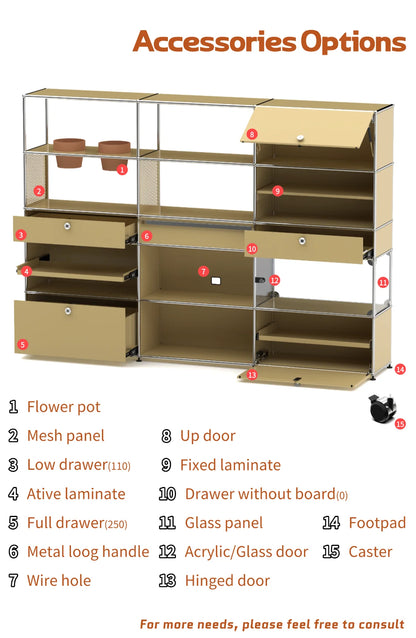 Modern Modular Low TV Cabinet｜3-Tier Sideboard with Drop Doors｜Steel Frame Storage Bench Unit | Minimalist Low Media Console