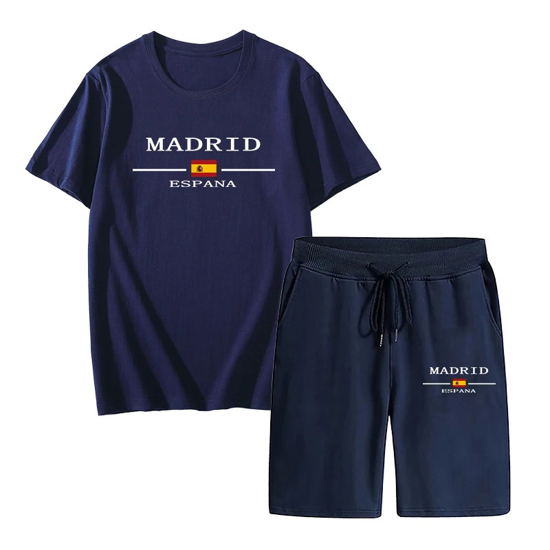 Madrid Spain Pattern T-shirts 2pcs Set High Quality Pure Cotton Tops and Quick Dry Shorts Mens Casual Sports Football Suits