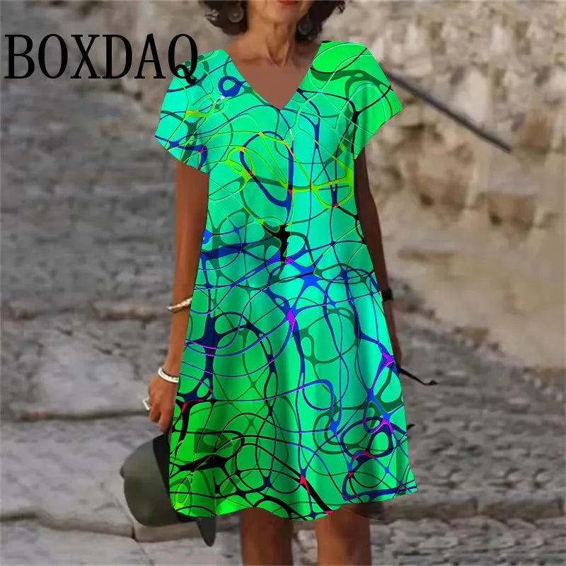 2025 Summer Dresses Women Gradient Painted 3D Print Dress Fashion Plus Size Casual V-Neck Short Sleeve Loose Dress 6XL Clothing