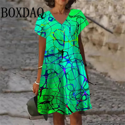 2025 Summer Dresses Women Gradient Painted 3D Print Dress Fashion Plus Size Casual V-Neck Short Sleeve Loose Dress 6XL Clothing