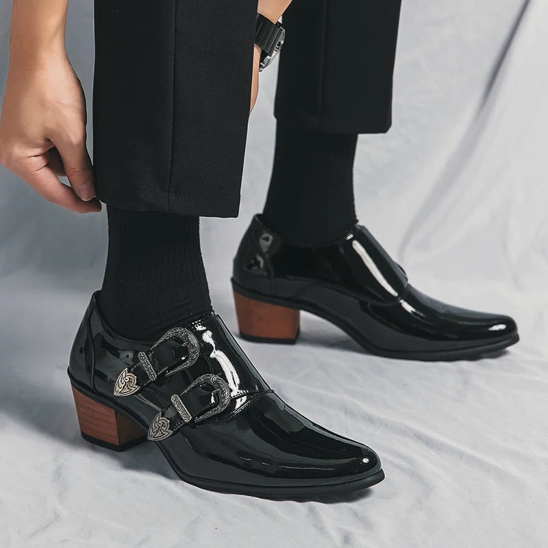 Luxury Designer Monk Leather Men's Shoes, High Heels, Polished, Double Buckle, Pointed Toe, Casual Shoes for Men, Party Wedding Shoes for Men