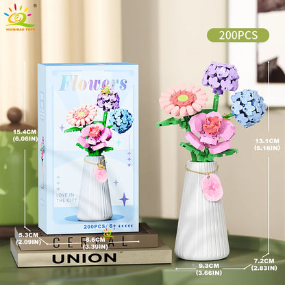 HUIQIBAO MOC Eternal Flower Bouquet with pot Micro Building Block Sunflower Rose Mini Model Brick Toy home Desk Decoration