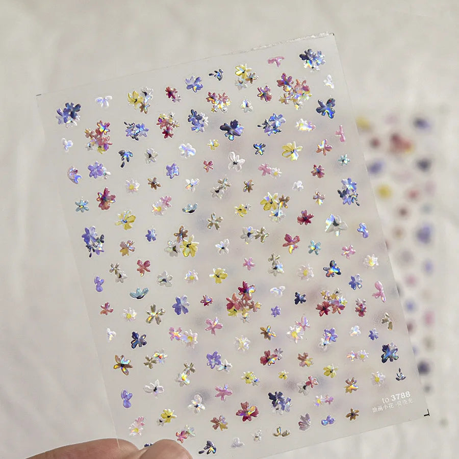 Colorful Sparkling Glass Fragment Spring Wildflowers High Quality Adhesive Flash Nail Stickers Art Decorations Design T-3784