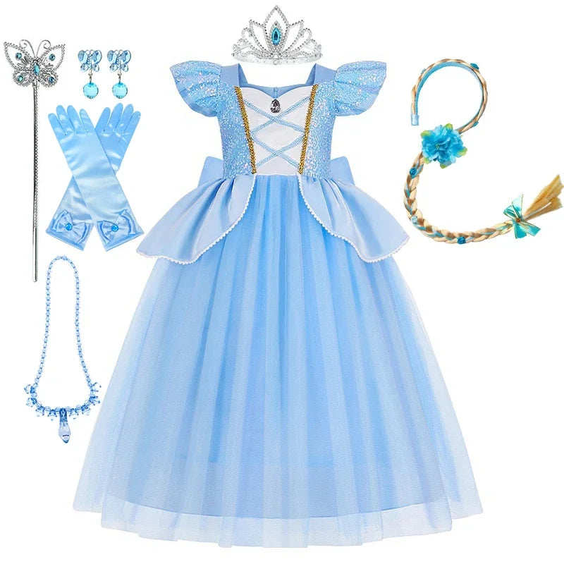 Disney Deluxe Elegant Cinderella Princess Ball Gown Fancy Birthday Cinderella Party Dress Vestidos Costume Play Carnival Apparel