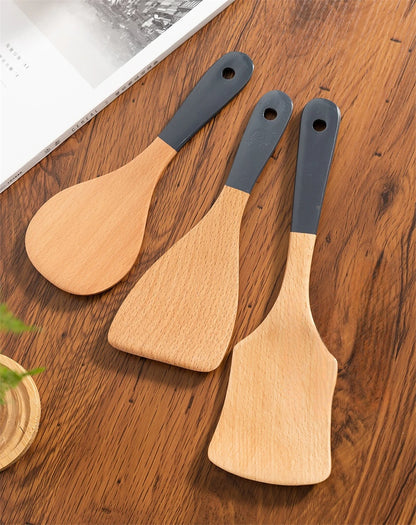 Espátula de madera con mango largo para cocinar, antiadherente, para saltear, resistente al calor, para el hogar, accesorio de cocina