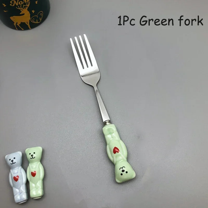 New Cute Bear Spoon Fork Ceramic Dessert Milk Fruit Salad Spoons Cartoon Flatware Kid Cutlery Tableware School Picnic Dinnerware