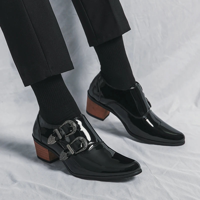 Luxury Designer Monk Leather Men's Shoes, High Heels, Polished, Double Buckle, Pointed Toe, Casual Shoes for Men, Party Wedding Shoes for Men
