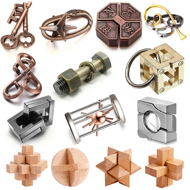 Quebra-cabeças de metal e madeira, brinquedos de encaixe e destreza, desafio de lógica e QI, diversão para viagens e presentes interessantes para crianças e adultos.