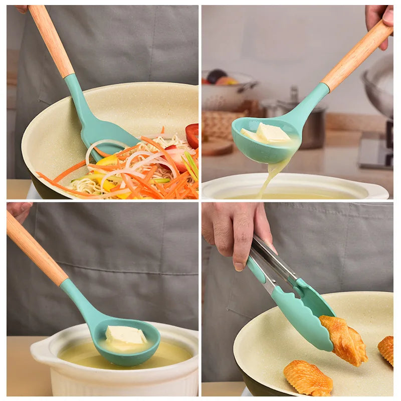 12Pcs Silicone Kitchen Utensils Cooking Wooden Handle Non Stick Pot Kitchenware Set Storage Bucket Silicone Kitchen Utensils