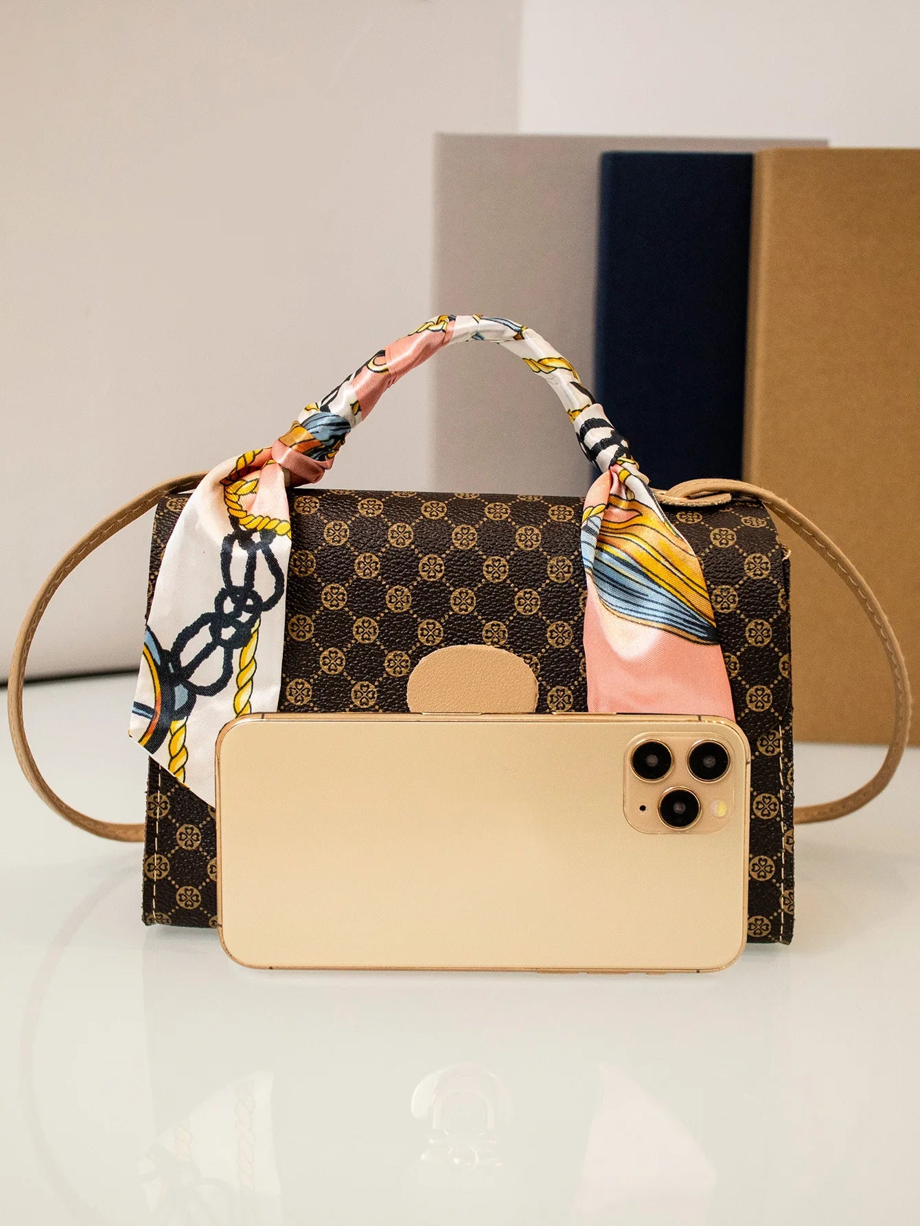 Casual Versatile Floral Print Shoulder Bag Simple Design Silk Scarf Handbag Fresh Sweet Style PVC Material Small Square Bag