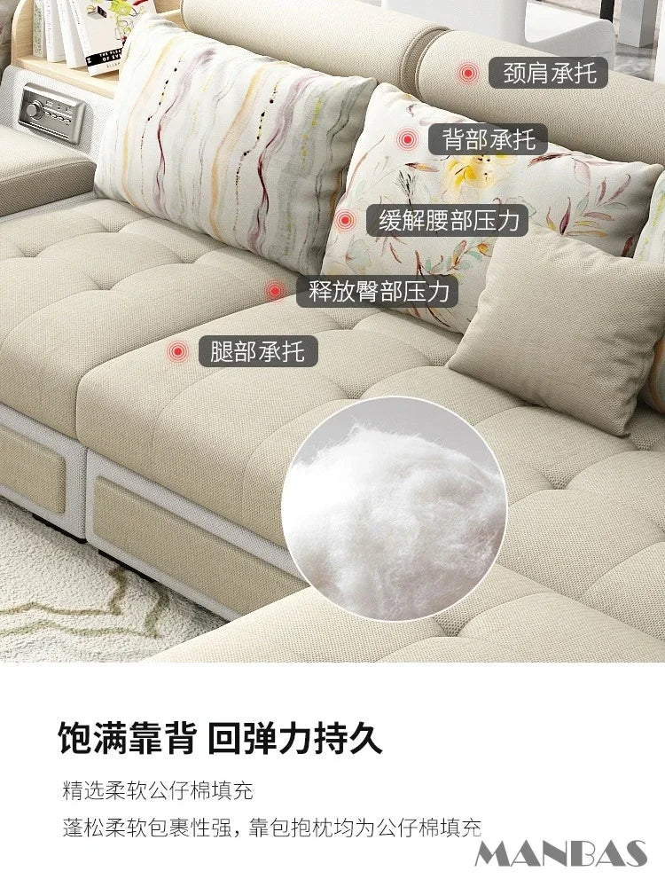 Linlamim Fabric Sofa Set Furniture Living Room Sofa Set with USB and Stools / Big U Shape Cloth Couch Sofas for Home Furniture