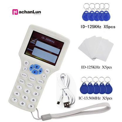 Lector/escritor RFID de 10 frecuencias, copiadora, duplicadora IC/ID con cable USB para tarjetas de 125 Khz y 13,56 Mhz, duplicadora de pantalla LCD.