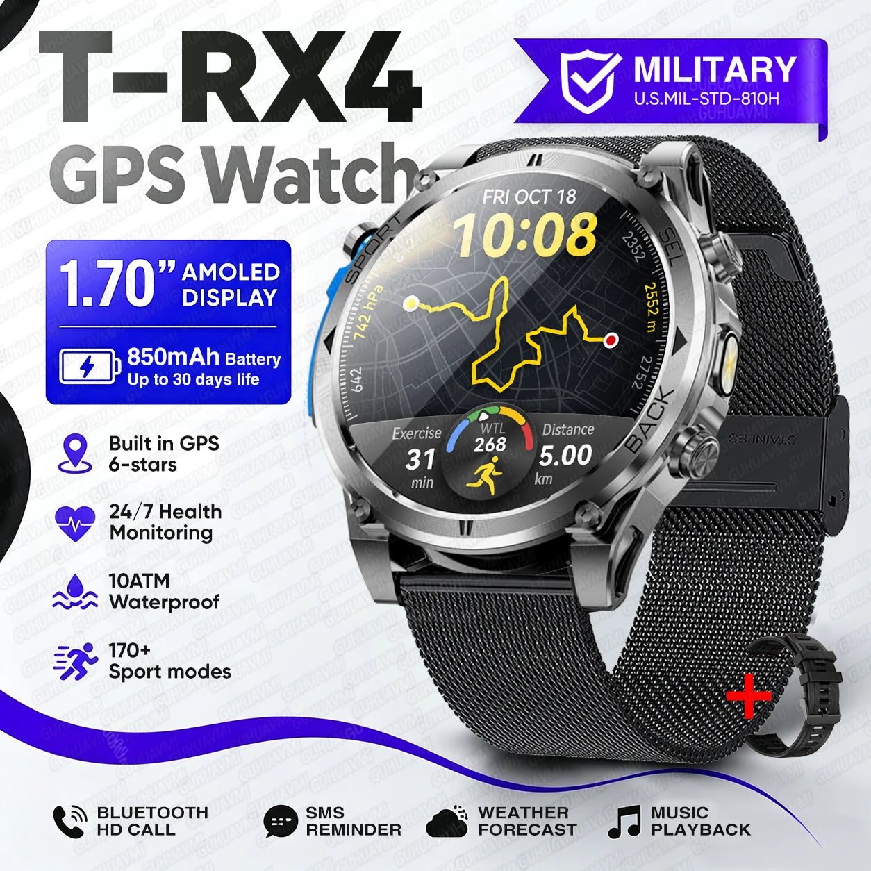 Novo Smartwatch Masculino T-RX4 Ultra GPS 2026 – Posicionamento GPS de 6 satélites, resistência à água 10ATM, bateria de 850mAh, bússola e mais de 170 modos esportivos.