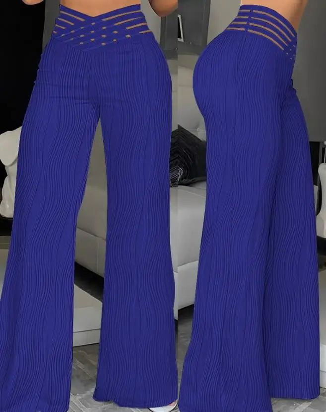 Fashion Office Ladies Trousers Elegant Crisscross Sheer Mesh Patch Casual High Waist Flared Pants for Women Clothes 2023 Summer