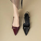 2024 New Summer French Wine Red Pointed Patent Leather Mid-Heel Overhead Sandals for Women Retro Skinny Heel Open-Back Shoes