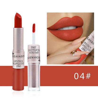 Lápiz labial mate aterciopelado de larga duración, brillo labial de doble cabezal, taza antiadherente, brillo labial, tinte voluminizador, lápiz labial resistente al agua, maquillaje