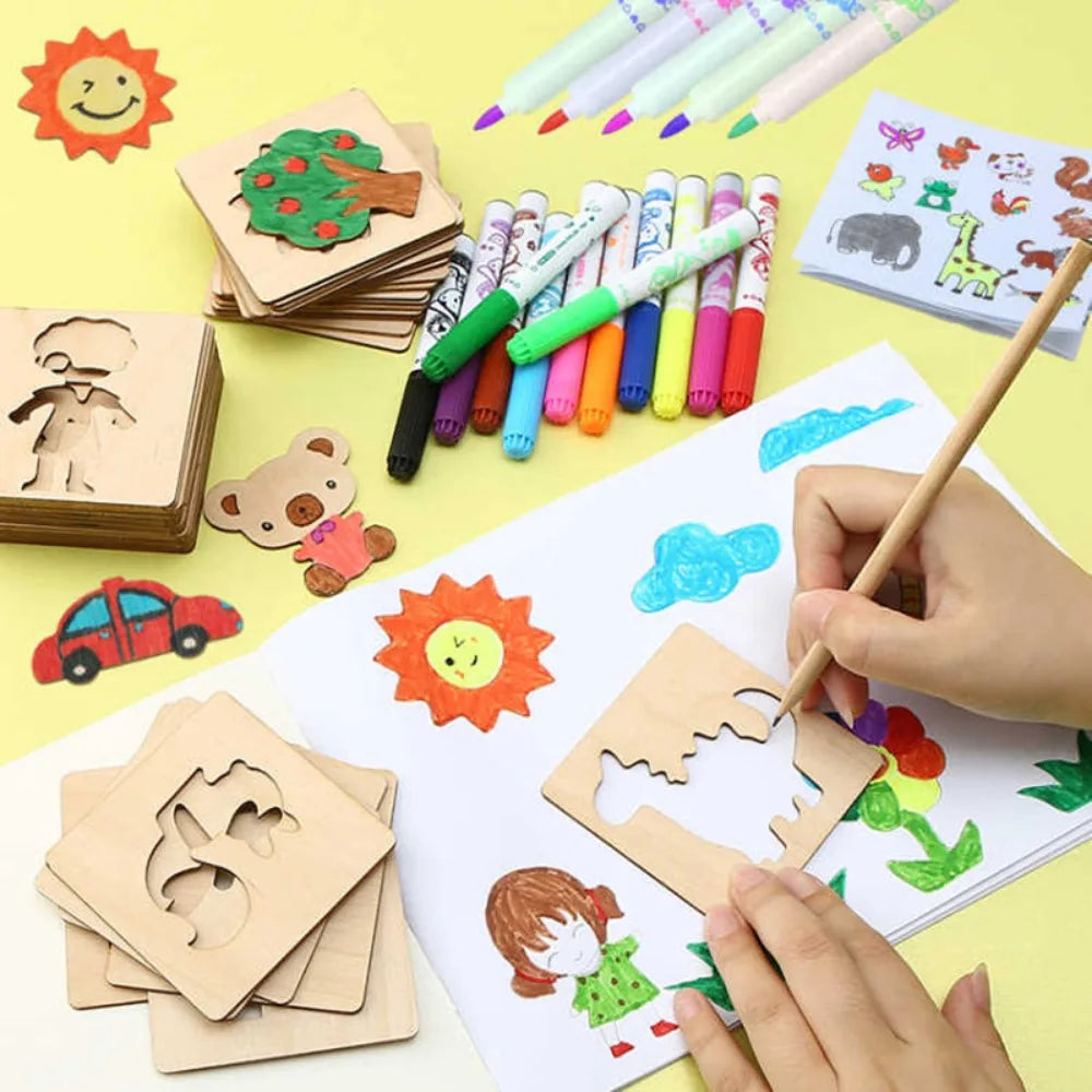 20Pcs Montessori Kids Drawing Toys Wooden DIY Painting Template Stencils Learning Educational Toys for Children Christmas Gifts