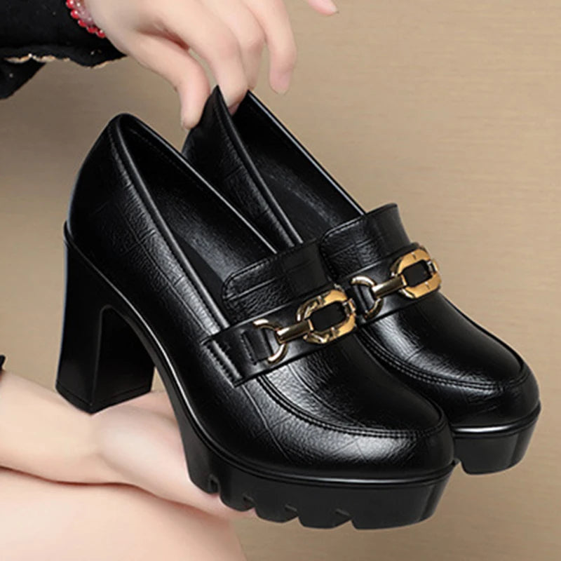 Zapato de piel suave negro para mujer, tacón de bloque 2024, plataforma gruesa, modelo oficina, trabajo, tacones altos de 6,5 cm y 8 cm, Grace