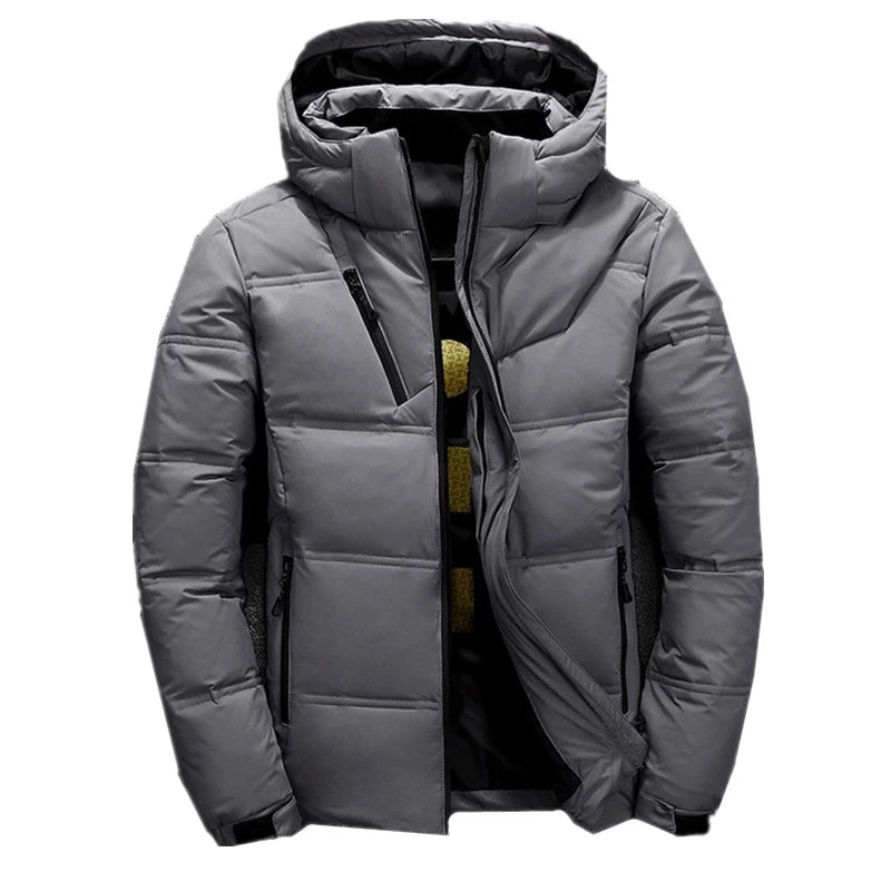 Chaqueta de plumón de 20 grados para hombre, parka de invierno para hombre, chaqueta de plumón de pato blanca con capucha para exteriores, abrigo de nieve acolchado grueso y cálido de gran tamaño M-4XL