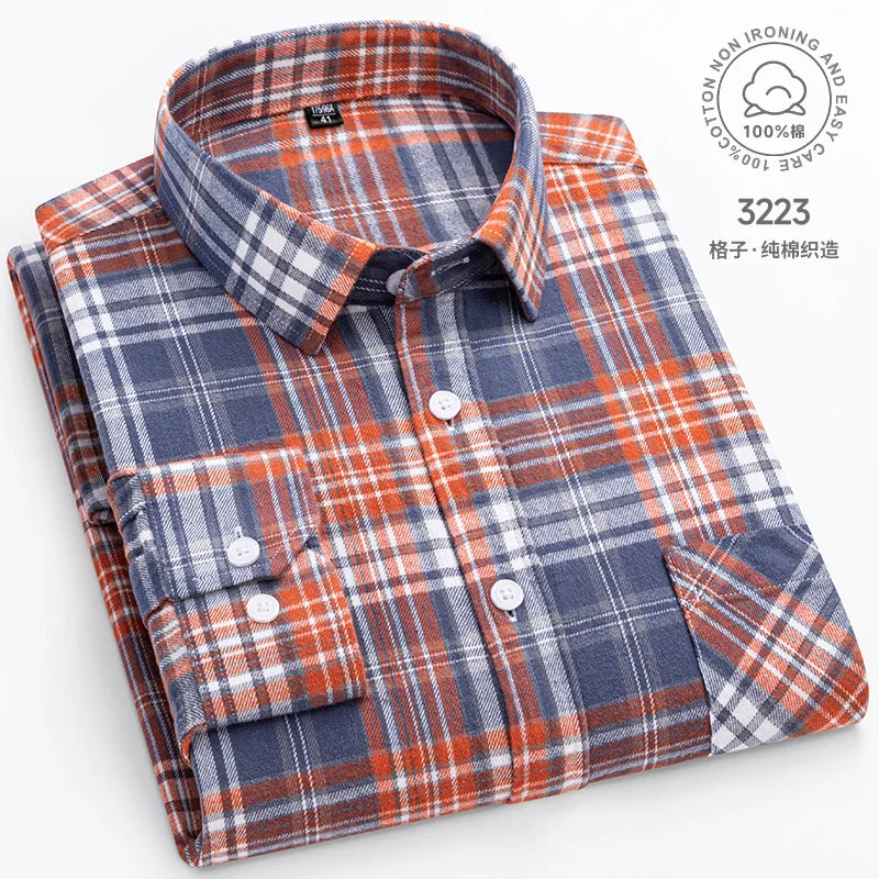 Men Fashion Long Sleeve Brushed Flannel Shirt Single Pocket Comfortable 100% Cotton Casual Slim Fit Button-down Plaid Shirts 8XL