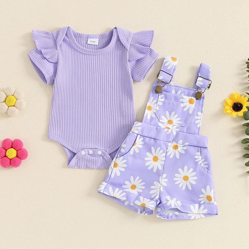 Pudcoco Infant Baby Girls Shorts Set, Short Sleeve Romper with Flower Print Suspender Shorts Summer Outfit 0-18M