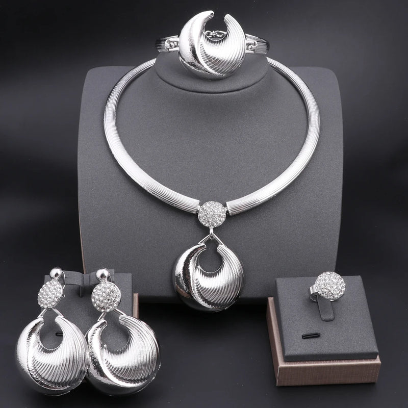 Dubai Jewelry Set For Women Silver Plated Luxury Necklace Earrings Bracelet And Ring Set Jewelry For Wedding Party Trending ﻿